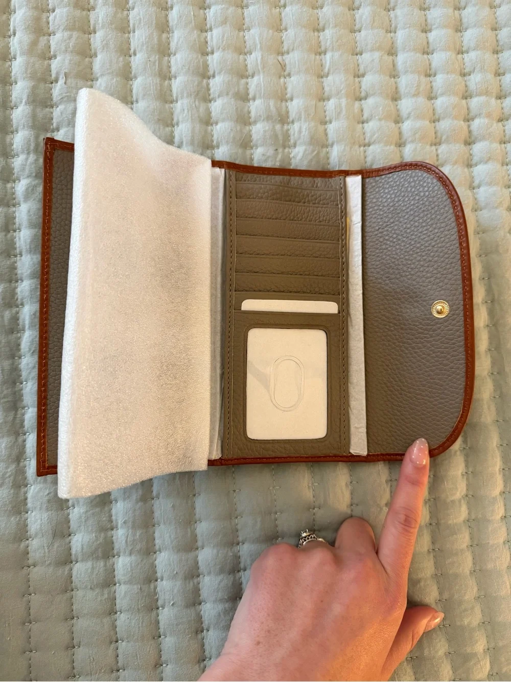 Dooney & Bourke Taupe Pebbled Leather Wallet with Brown Trim